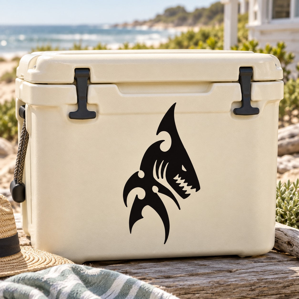 Nightmare shark decal with black roaring shark graphic on white cooler