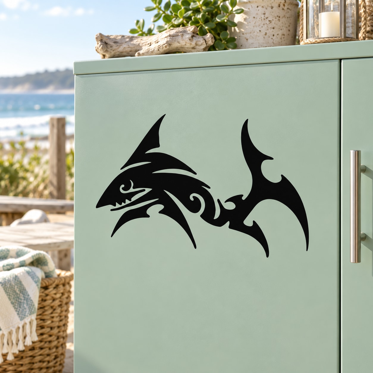 Nightmare shadow shark vinyl decal sticker, black fantasy shark face with fins.