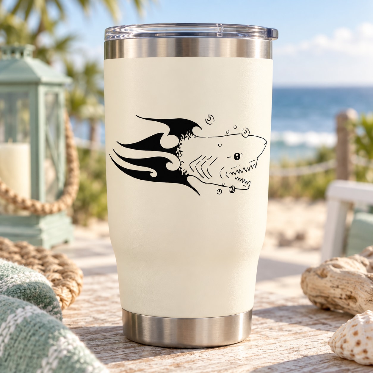 White tumbler with stainless lid and black razor-head shark decal graphic
