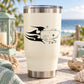 White tumbler with stainless lid and black razor-head shark decal graphic