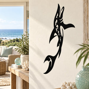 Black dolphin jumping wall decal with stylized wings and fin detail