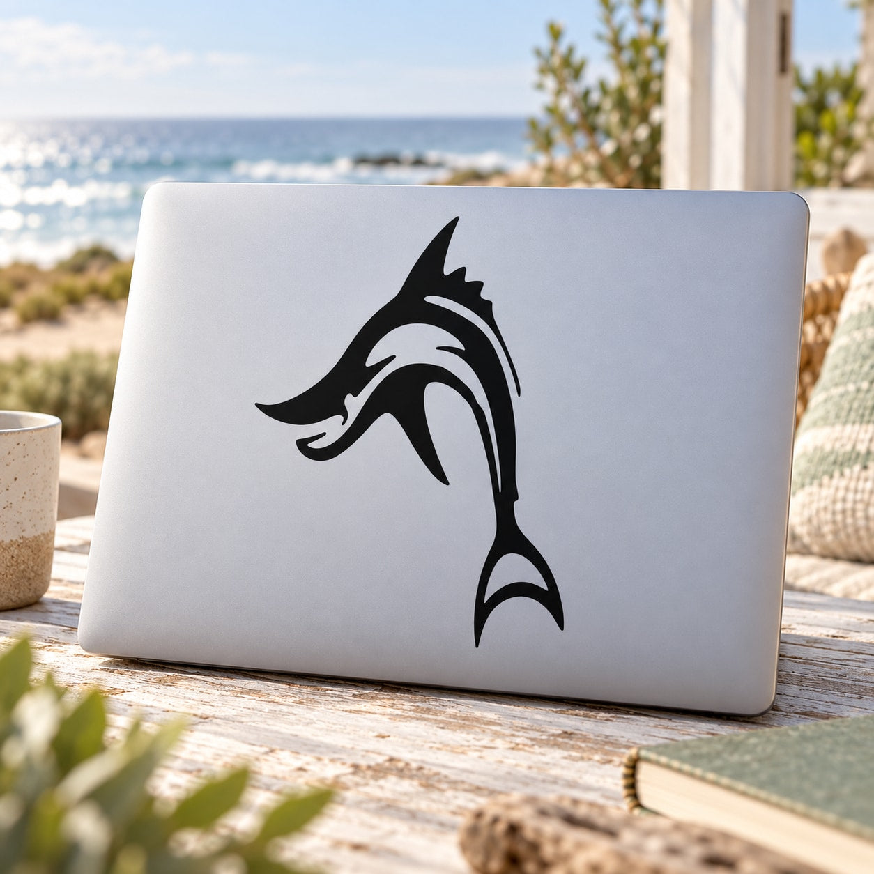 Abstract jumping shark decal, black graphic on light panel