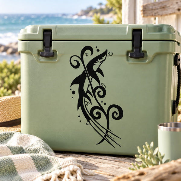 Shark and seaweed vinyl decal, black design on green surface