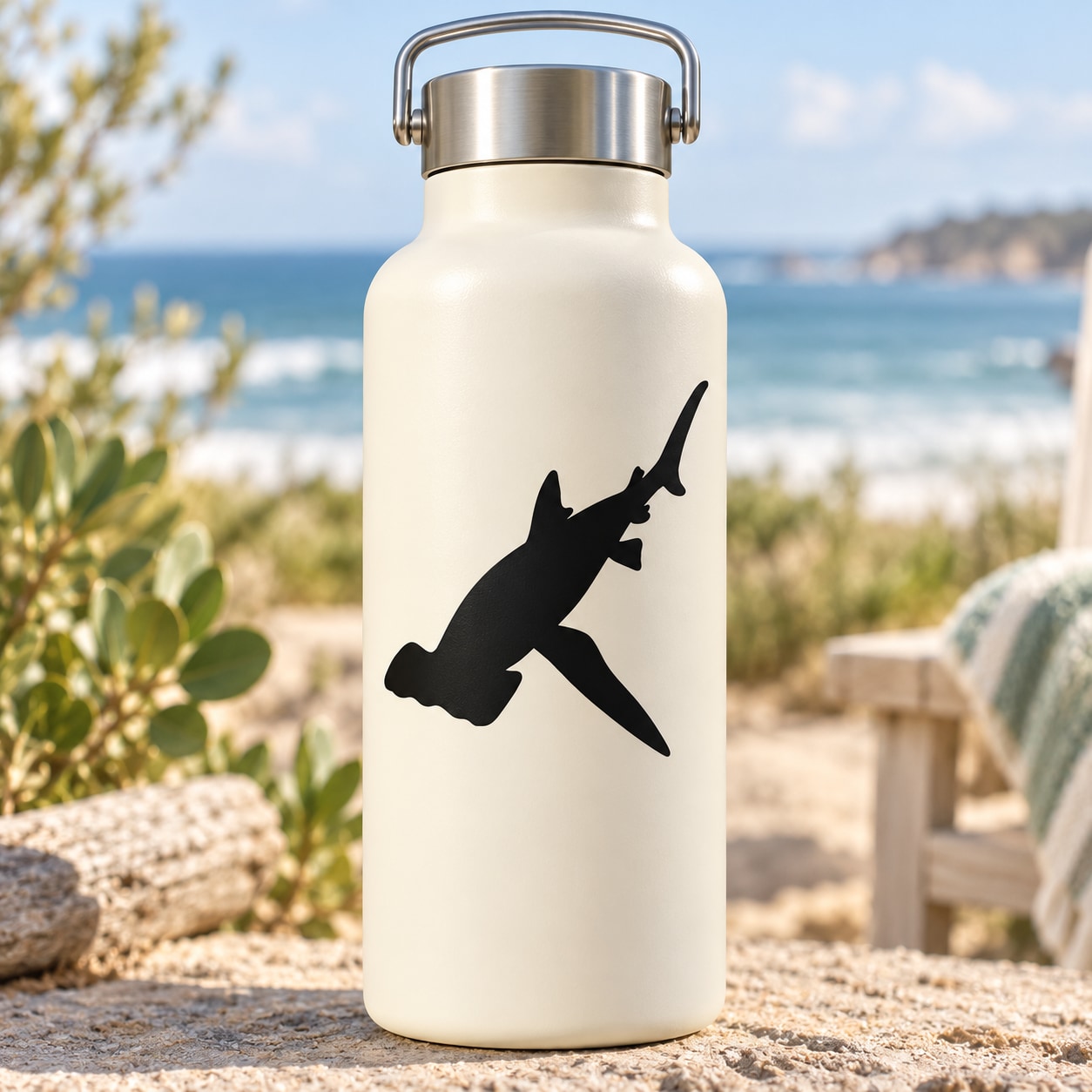 Hammerhead shark paddling decal, black silhouette