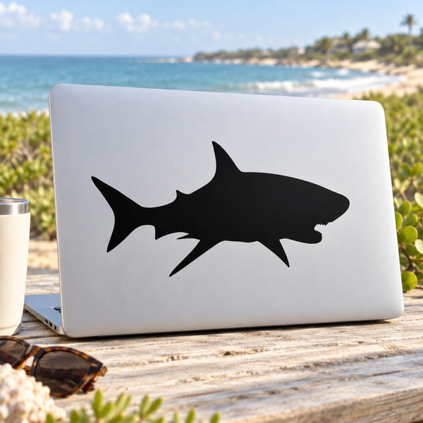Great white shark stalking silhouette vinyl decal, black on white surface