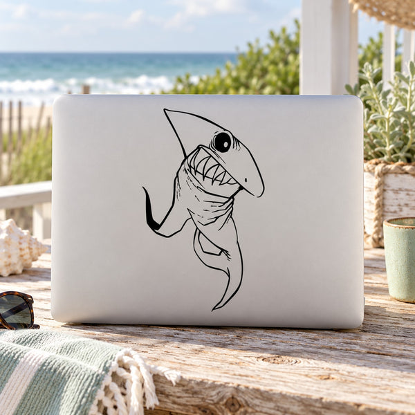Diving great white shark decal with black line-art shark on a light background