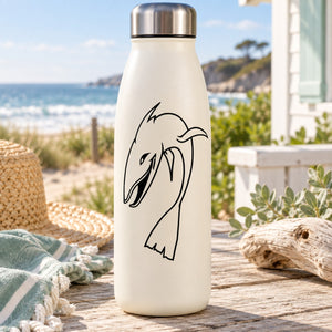 Shark decal in black line art on cream reusable water bottle