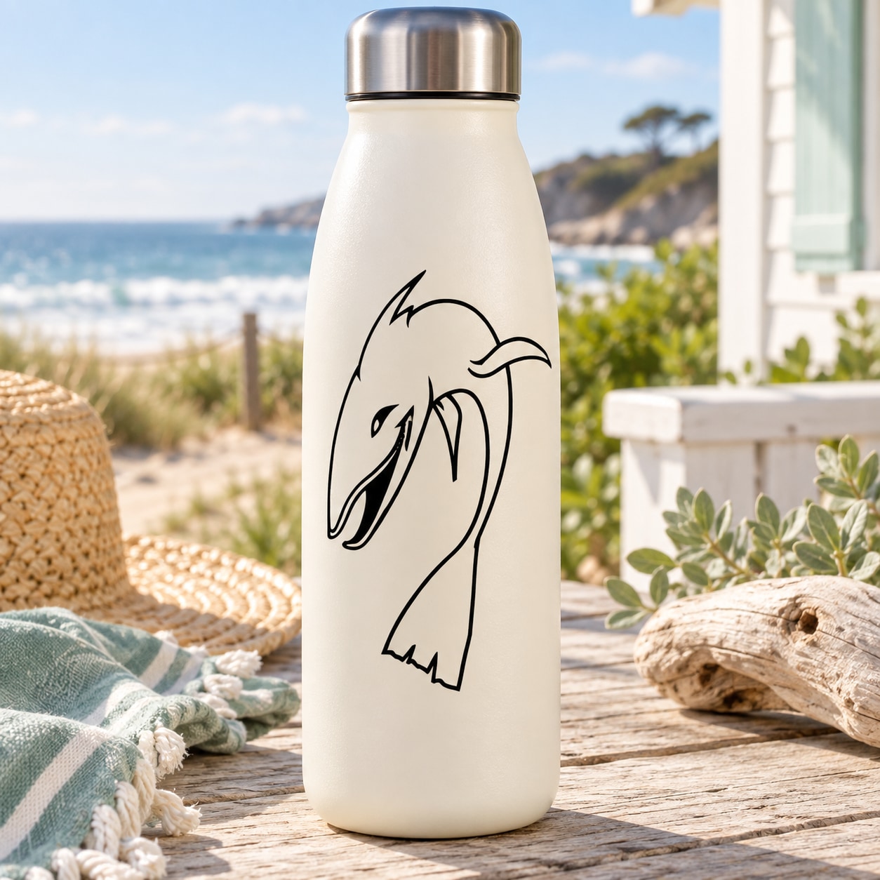 Shark decal in black line art on cream reusable water bottle