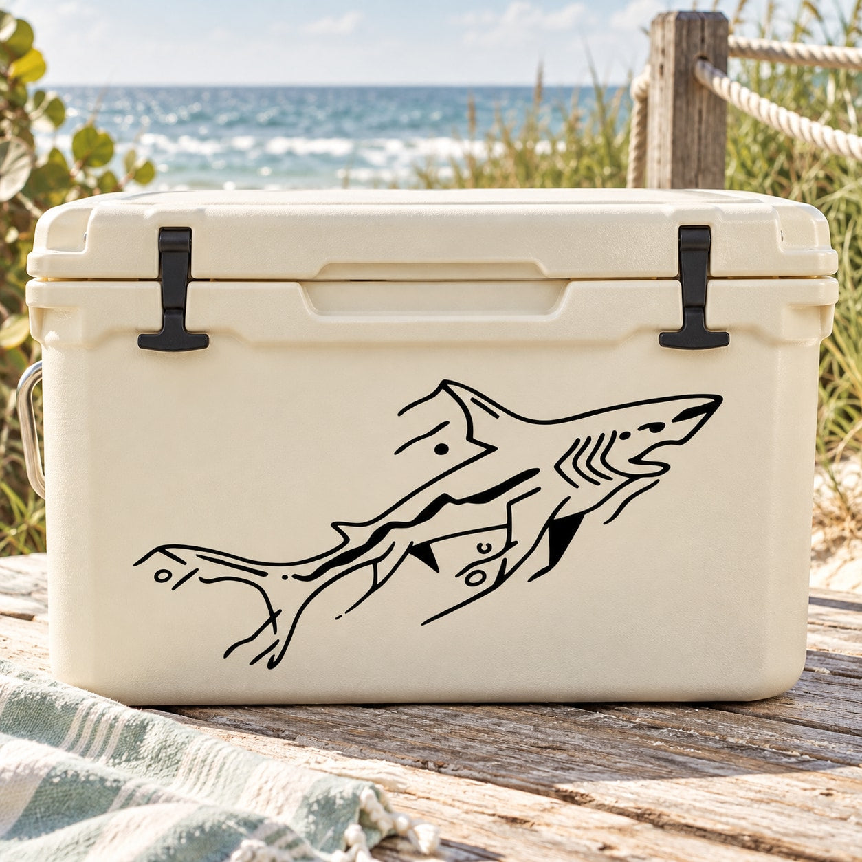 Great white shark decal graphic on light cooler lid, black outline.