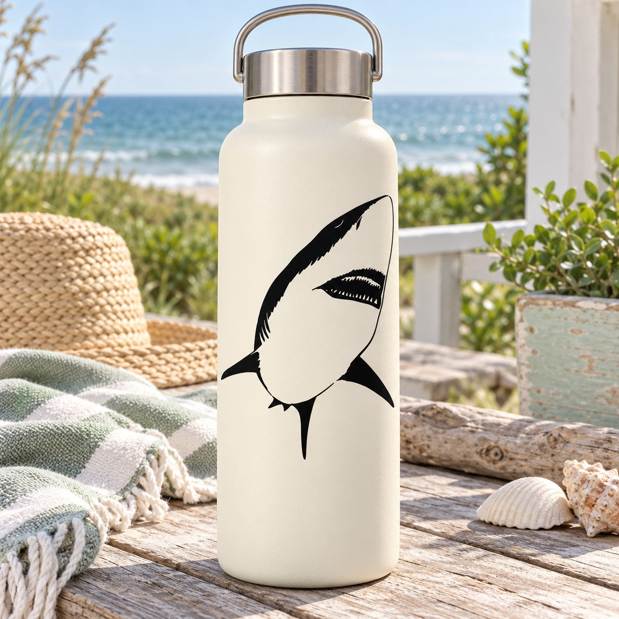 Great white shark decal on front of white water bottle, black graphic
