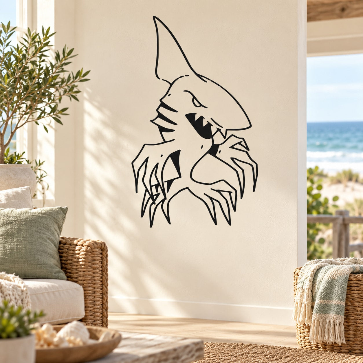 Shark decal sticker with black outline of snarling shark on white surface