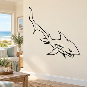 Swimming thresher shark wall decal, black outline with detailed fins and tail