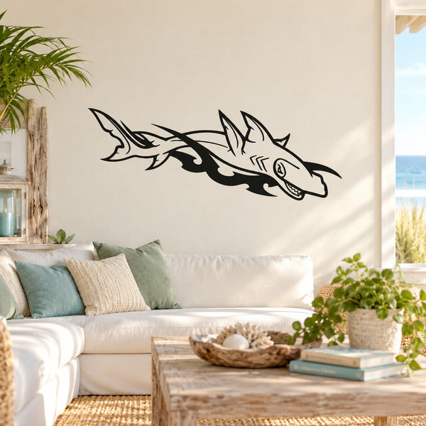 Black tribal hammerhead shark wall decal, side profile