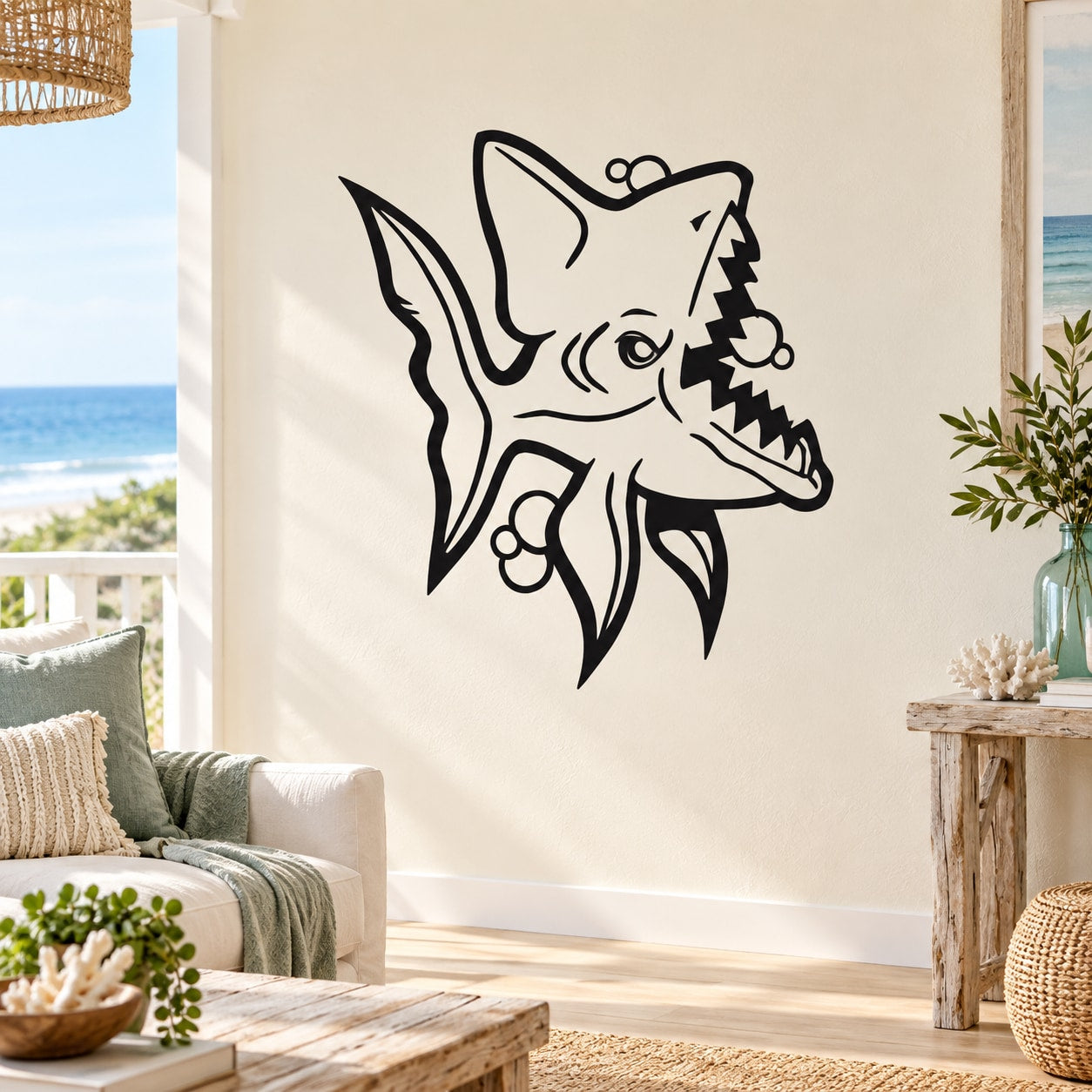 Kids open-jaw shark wall decal, black cartoon outline with bubbles and fins