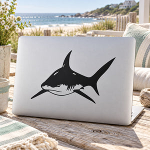 Laptop decal of a black hungry great white shark silhouette