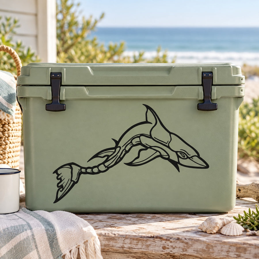 Shark decal featuring a black plated shark illustration on a light green cooler