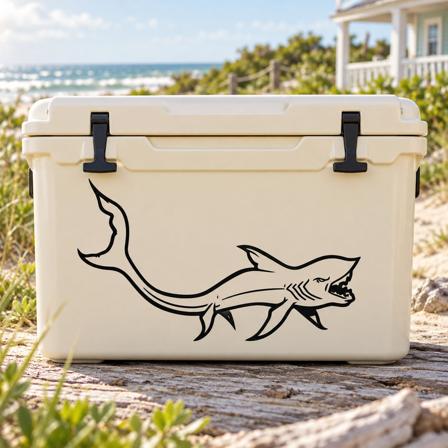 Medieval shark decal with black line-art shark swimming sideways.