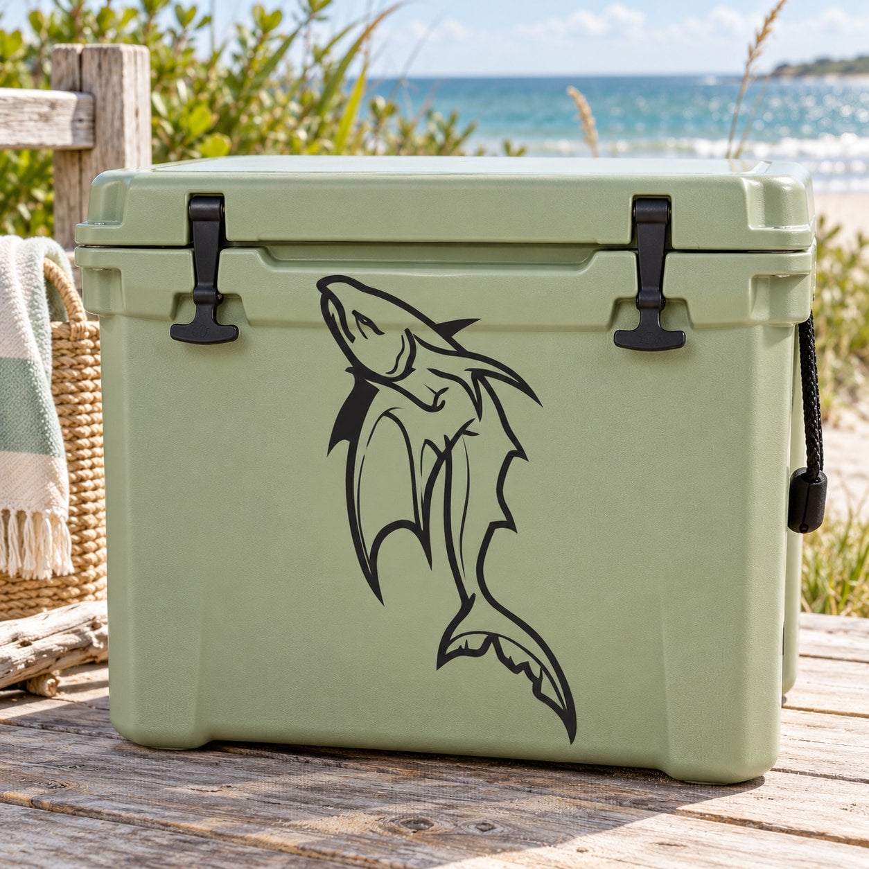 Flying fish outline decal on light green cooler front