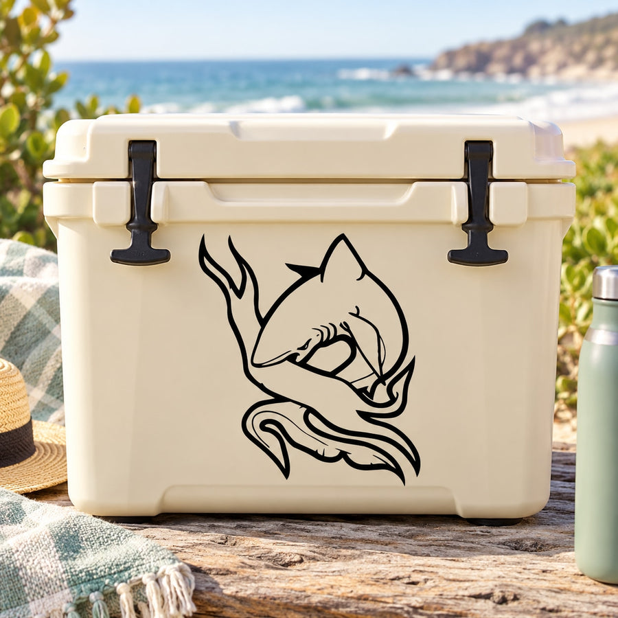 White cooler with black shark and banner decal
