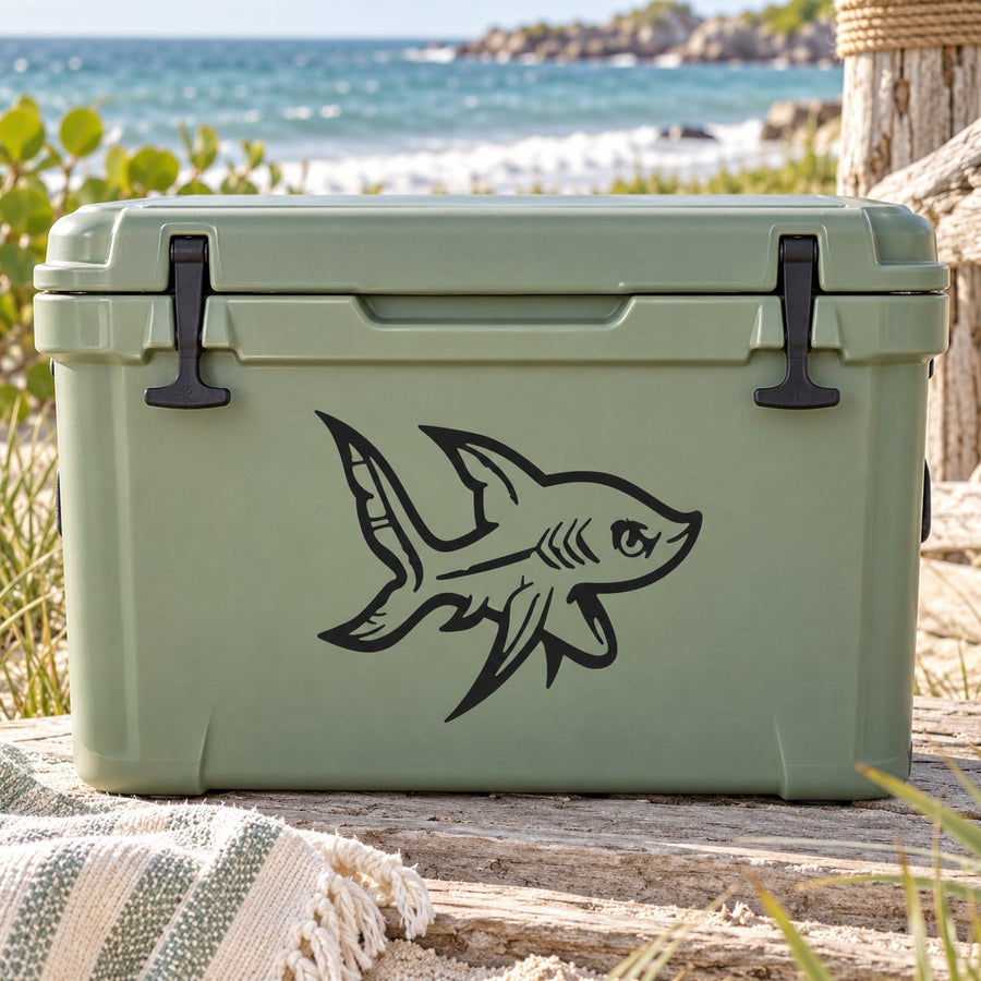 Goldfish decal with black outline fish graphic on a mint green cooler front