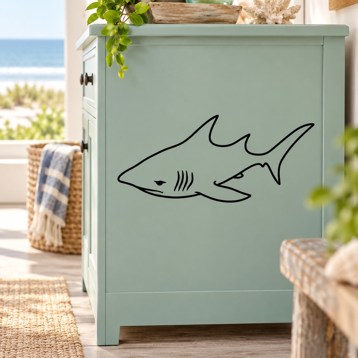 Swimming tiger shark decal in black line art on a cabinet door