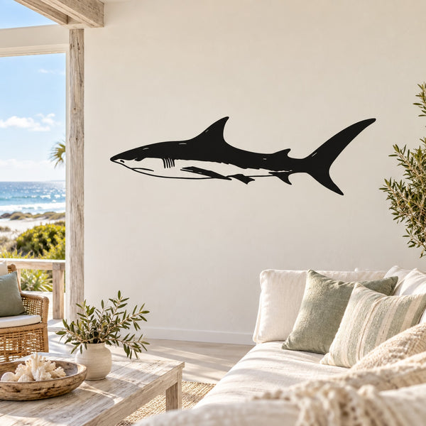 Black shark wall decal, stylized hunting pose with open mouth and fins