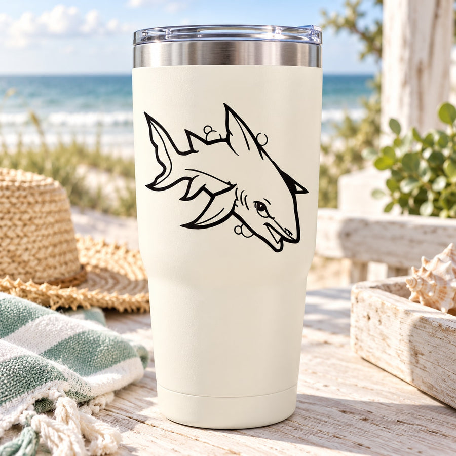 Kids shark and bubbles decal with black outline on white