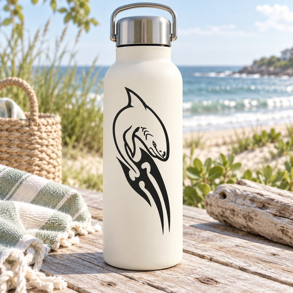 White water bottle with black shark fin decal