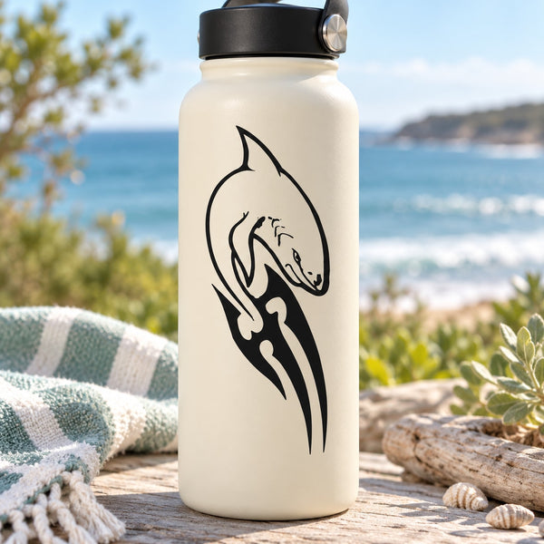 Water bottle with tribal fin shark decal