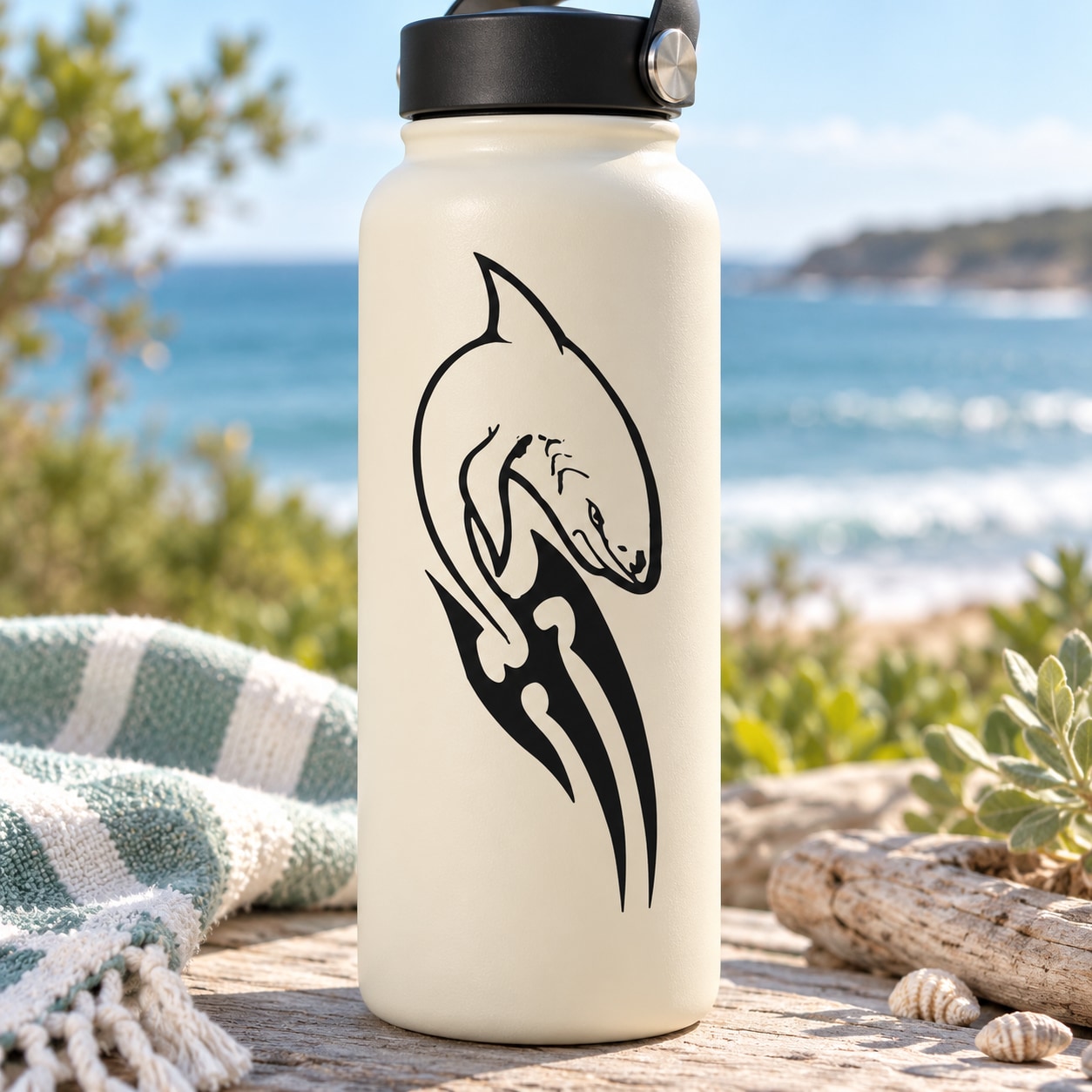 Water bottle with tribal fin shark decal