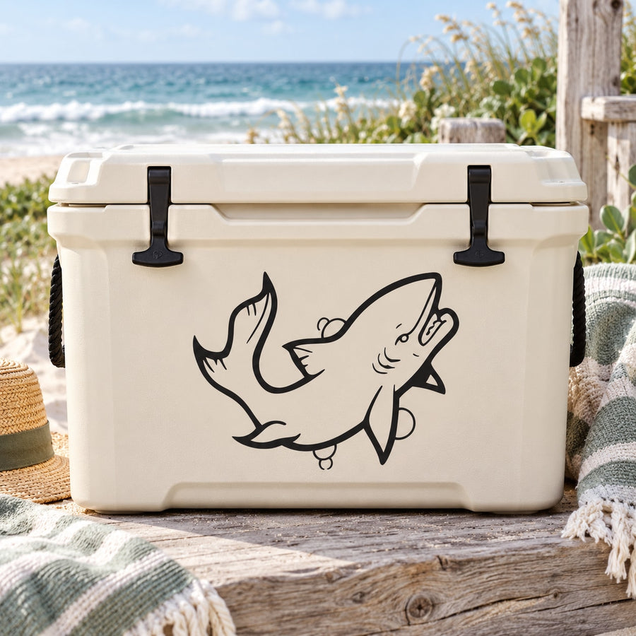 Kids shark turning decal with black cartoon shark on white cooler