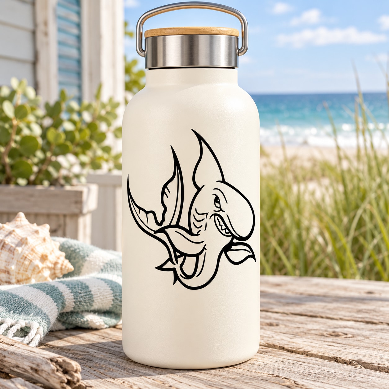 White water bottle with black shark fin decal