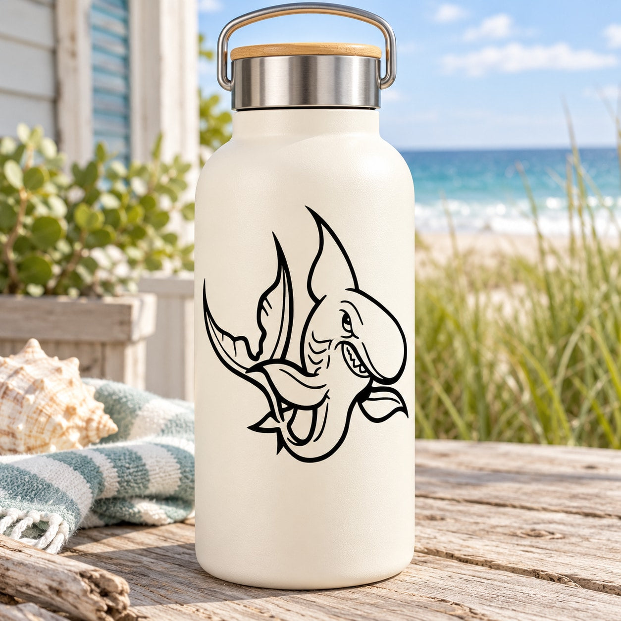 White water bottle with black shark fin decal