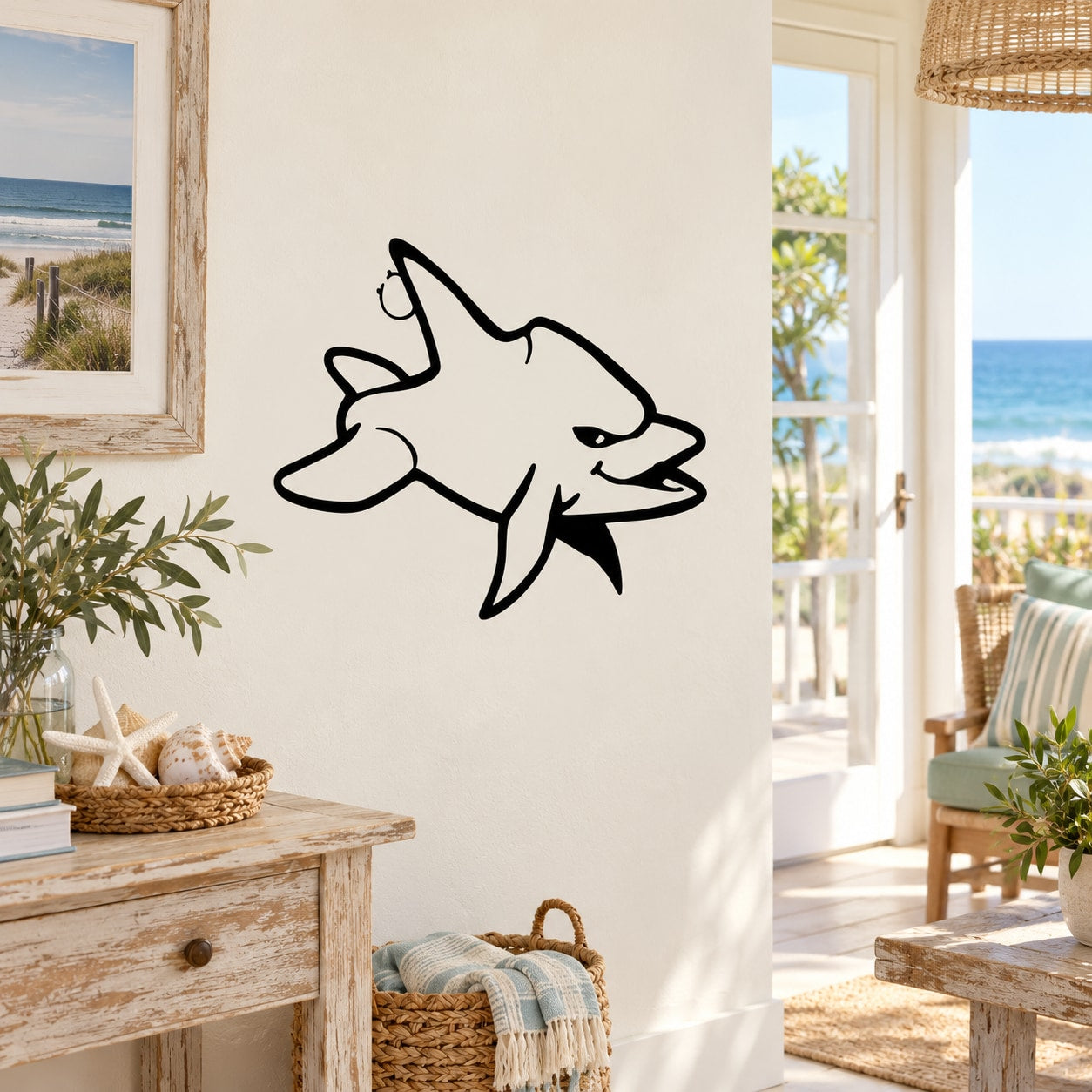 Cartoon bottle-nosed dolphin wall decal in black line art