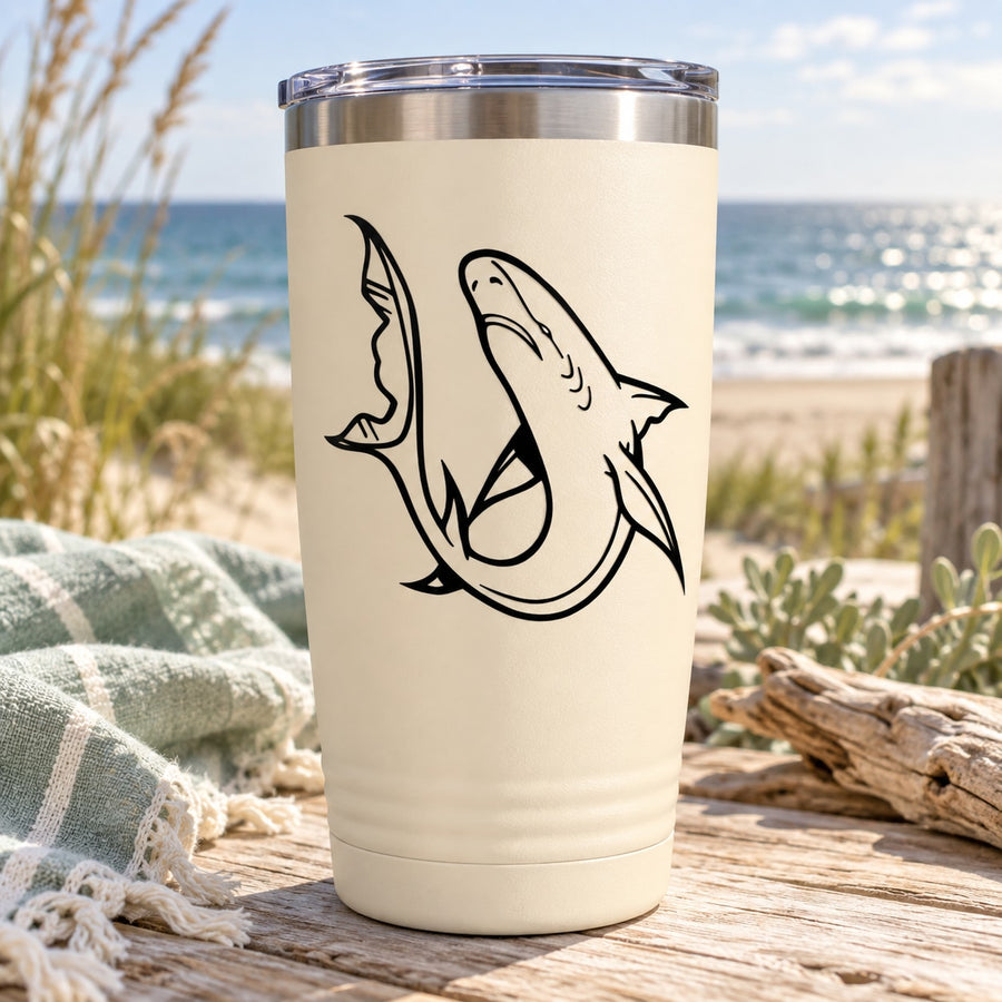 Black looping white-tip shark decal on cream tumbler cup