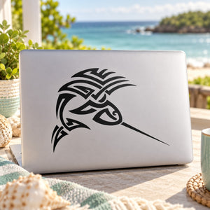 Tribal spearfish decal with black fish and spear motif on laptop lid