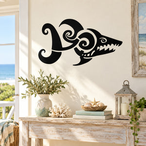 Abstract black shark wall decal with swirling details and open mouth