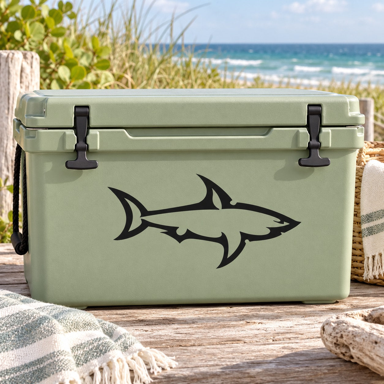 Shark decal on sage green cooler lid