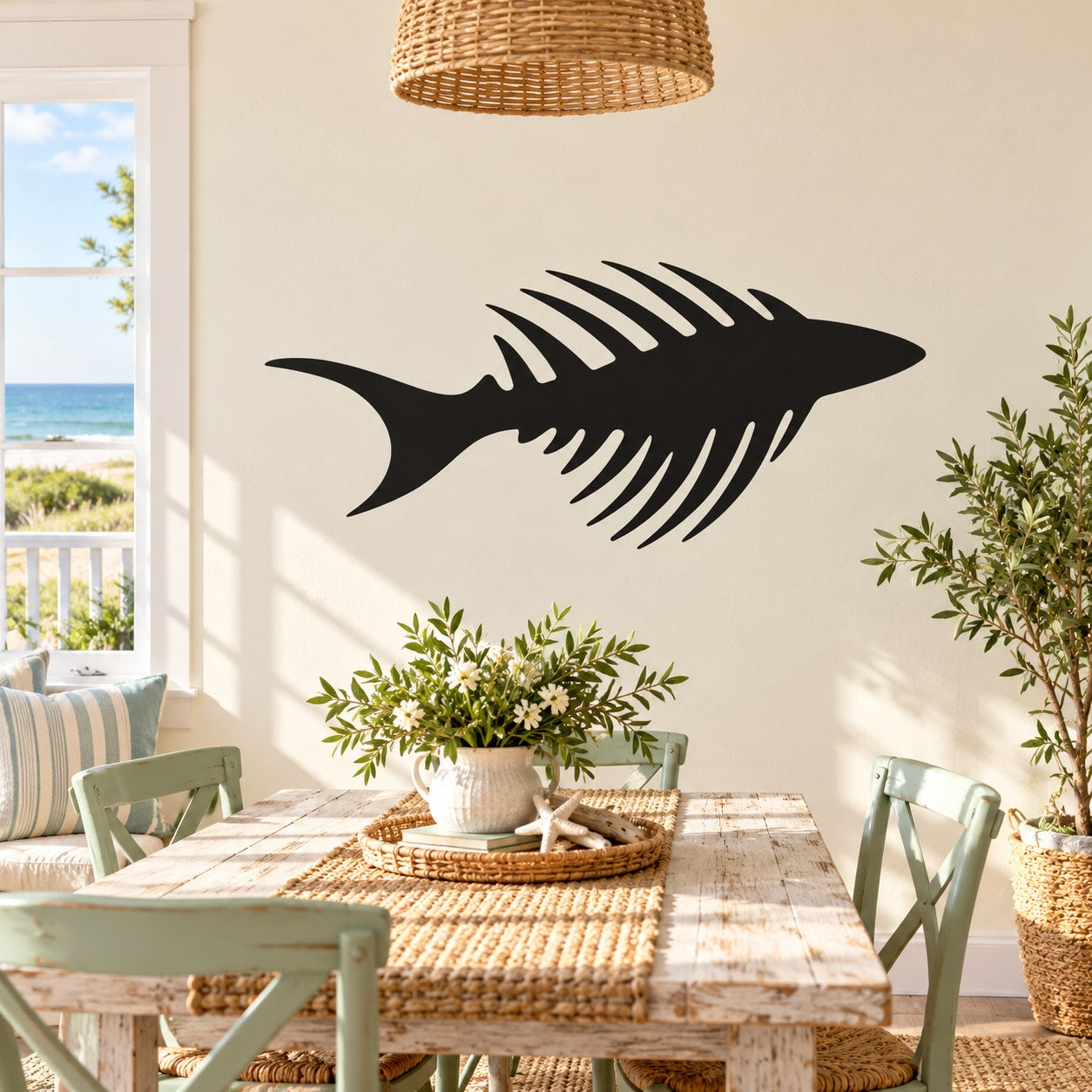 Black bony fish wall decal with skeleton-style spine and fins