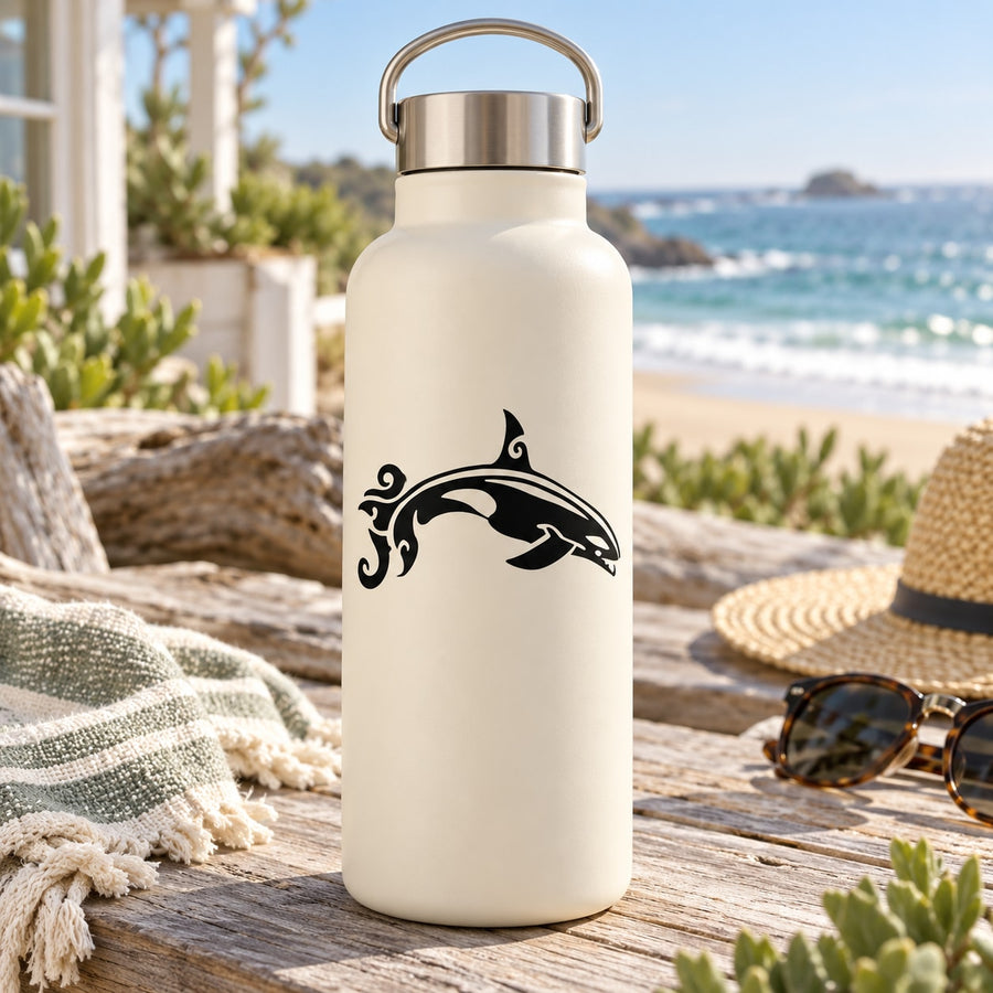 White insulated water bottle with black leaping orca decal