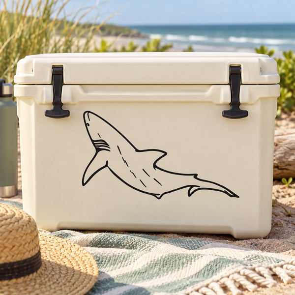 Lurking tiger shark line-art decal on light-colored cooler