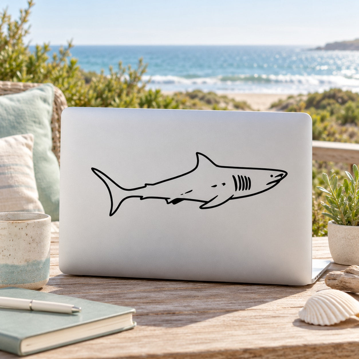 Great white shark decal in black line-art on a white laptop lid