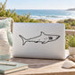 Great white shark decal in black line-art on a white laptop lid