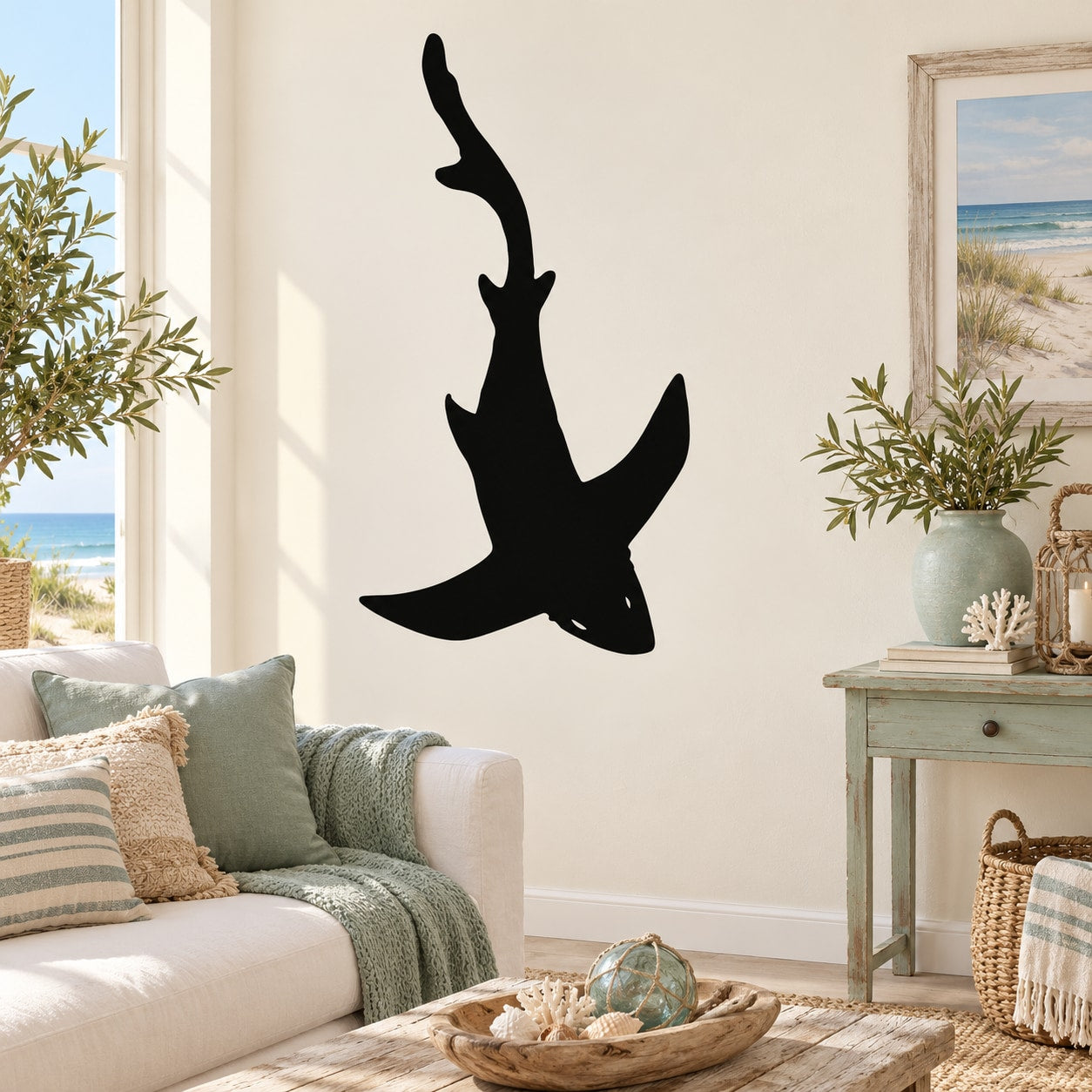 Diving shark wall decal silhouette in solid black