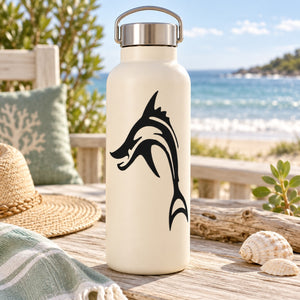 Hunched shark decal on cream water bottle, black stylized shark silhouette on front