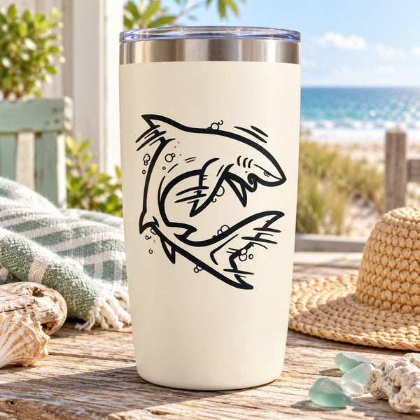 Cream tumbler with darting shark decal