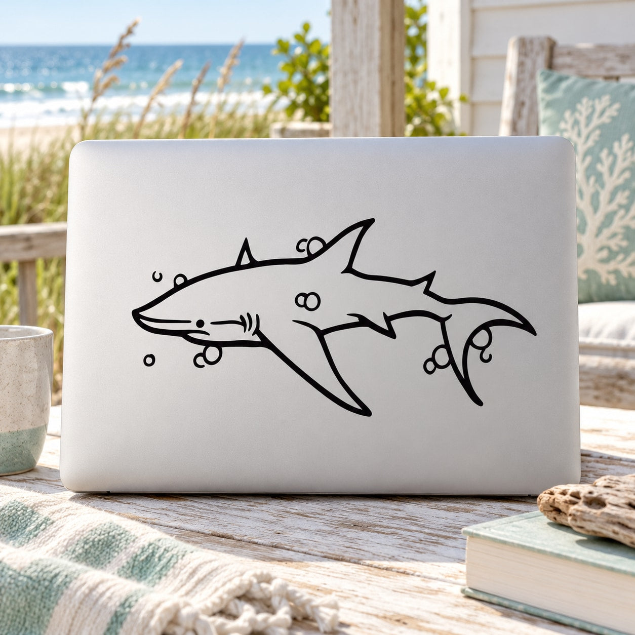 Bubbly shark decal with black line-art fish and small bubble details