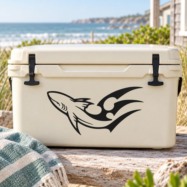 Shark tail trident decal sticker on white cooler lid