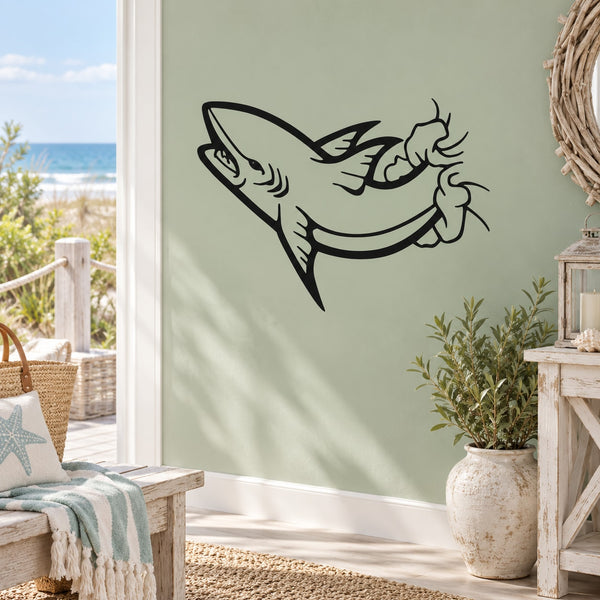 Black stylized shark attack decal with burst lines and open mouth