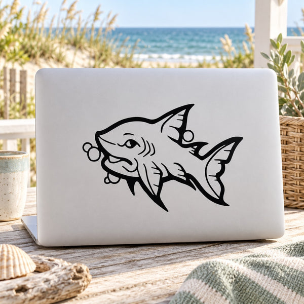 Black line-art shark decal with open mouth and detailed fins, vinyl-style